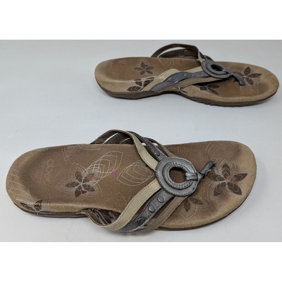 Abeo‎ Sandals Womens 8 N Felicity Slip On Thong Flip Flops FW041 Beige Leather - Picture 1 of 8